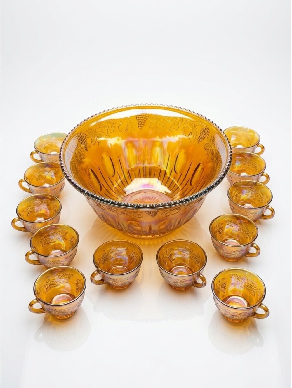 Vintage Marigold Carnival Glass Punch Bowl Set with 12 Cups Iridescent Amber fin